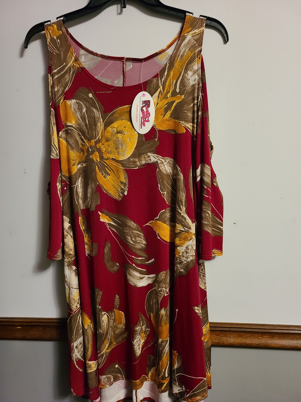 Cold-Shoulder Floral Swing Dress in Burgundy and Mustard